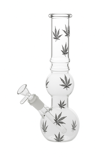 Glass Water Pipe Bong with Leaf Print – Clear Double Bubble Design
